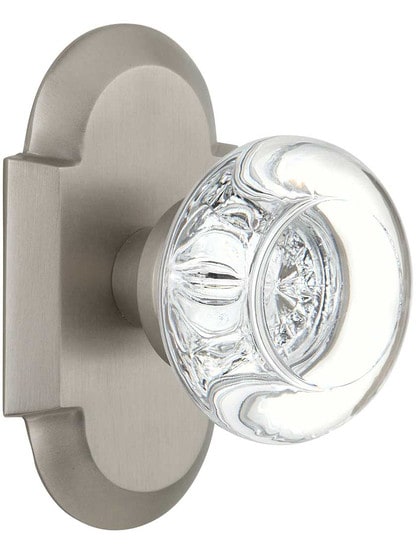 Arched Rosette Door Set with Round Clear-Crystal Glass Knobs in Satin Nickel.